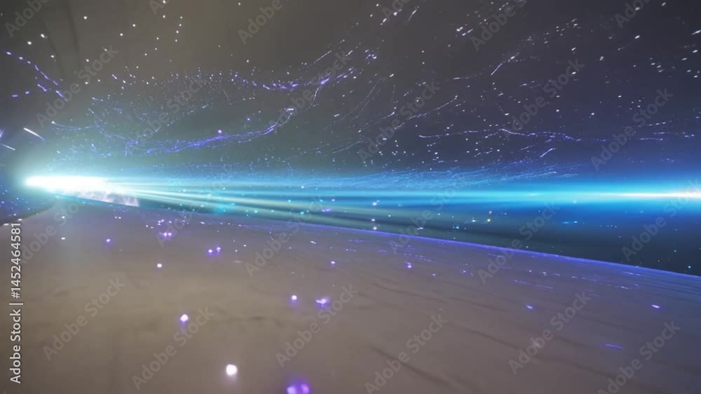 Starlight Beam Corridor to Galaxy Background
A digital concept of an abstract corridor formed by converging starlight beams leading to a bright galactic horizon, with purple and cyan nebula accents, 