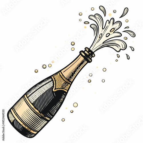 Create a bold, vector illustration of a champagne bottle, emphasizing thick outlines and a sophisticated design.  Include a cork and label detail.