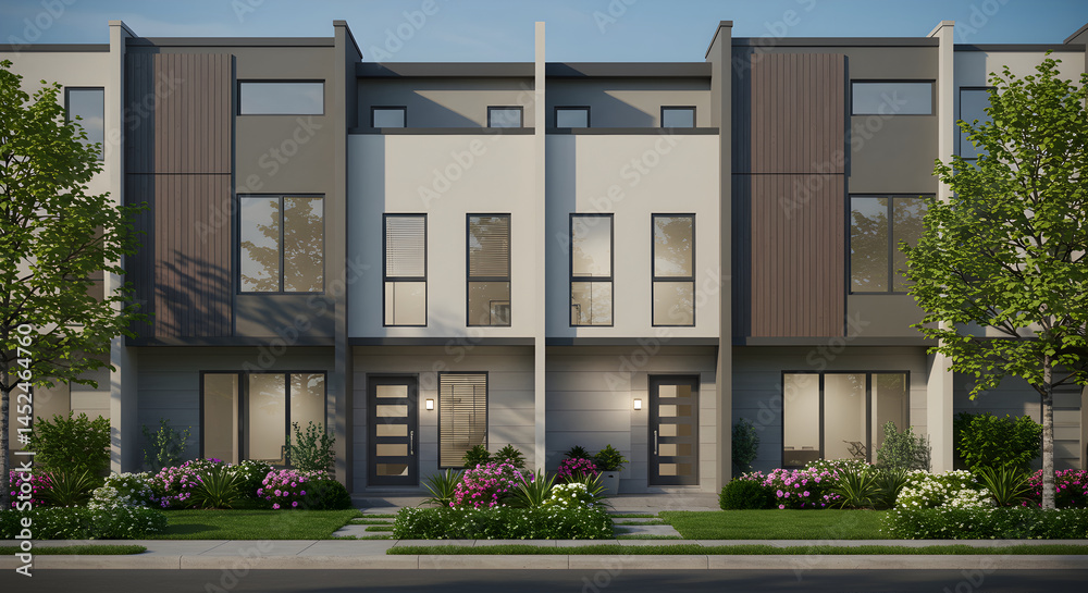 Naklejka premium Modern Townhouses With Landscaped Front Yards And Contemporary Architecture