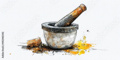 Artistic illustration of a mortar and pestle with scattered spices on a white background.