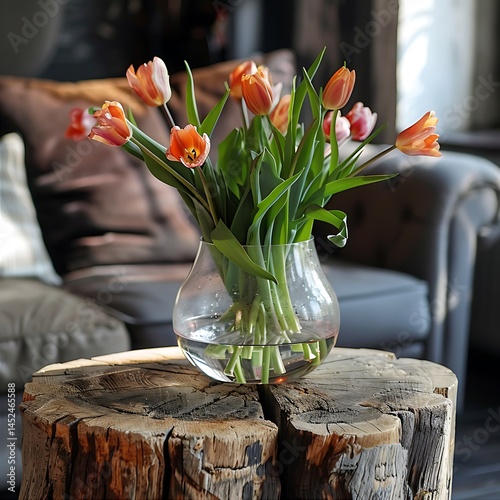 Orange Tulips in Glass Vase on Rustic Wooden Stump Table