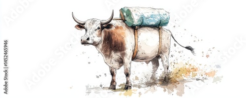 Watercolor illustration of an ox carrying a heavy load on its back, showcasing rural life and traditional transportation.
