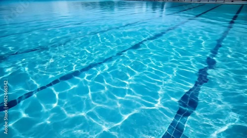 Olympic-style outdoor swimming pool with lane lines, crystal clear turquoise water, sunlight reflections, and calm ripples. Ultra HD 4K 3840x2160 looping motion video animation