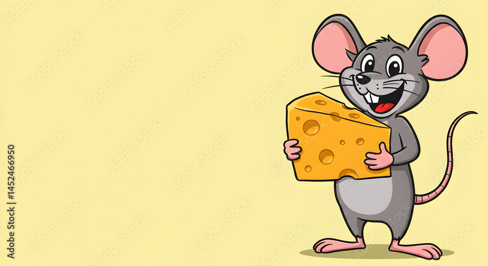 Obraz premium Happy Cartoon Mouse Holding Cheese with Text Area.