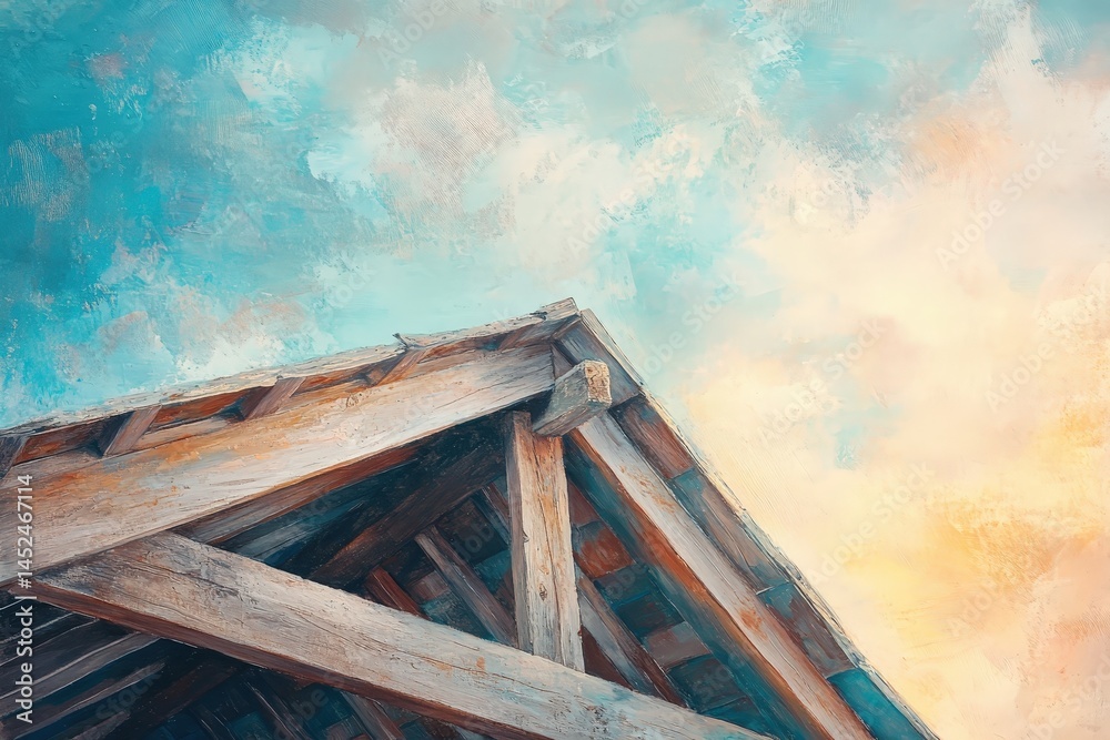 Obraz premium Wooden roof structure angled view against a painted sky.