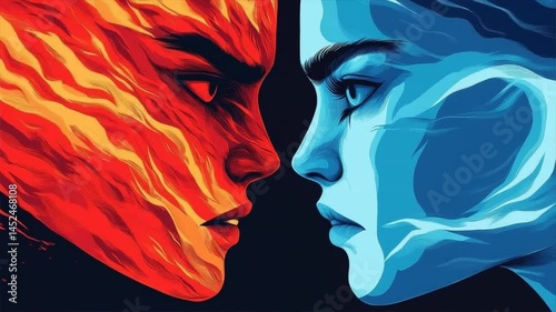 A striking contrast of heat and cold, symbolizing the duality of human emotions through fiery and icy visuals.