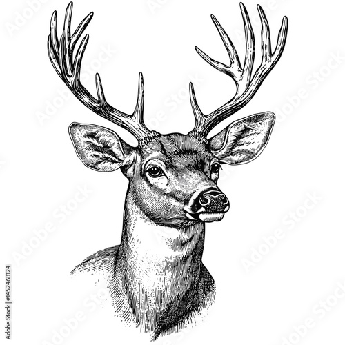 Deer with antlers, vintage woodcut engraving style, black sketch, forest wildlife illustration, retro drawing, rustic animal art, hand drawn vector, traditional wildlife art