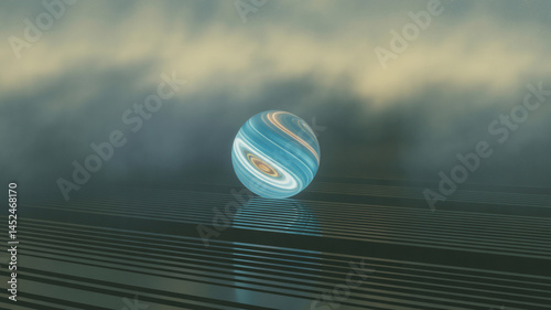 Abstract sphere with swirling blue and gold lines on a surface.