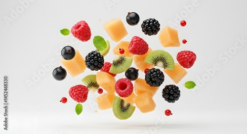 Realistic tropical fruit mix levitating on white