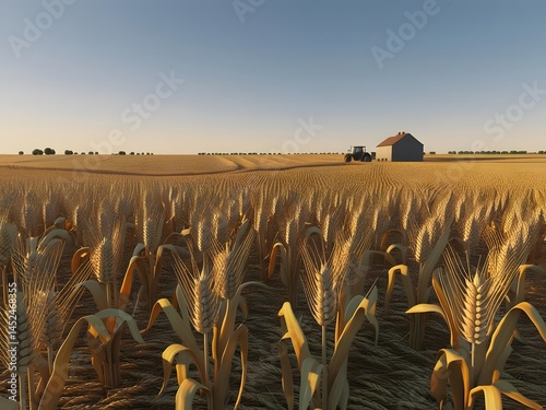Golden Wheat Field with Tractor and Barn