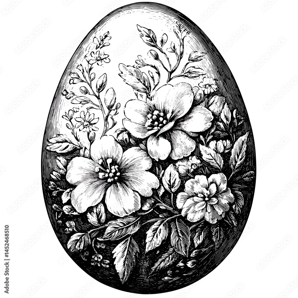 Decorated Easter Egg, vintage sketch, block print style, hand drawn engraving, grunge textured illustration, black white art, rustic Easter icon, antique vector drawing, etching
