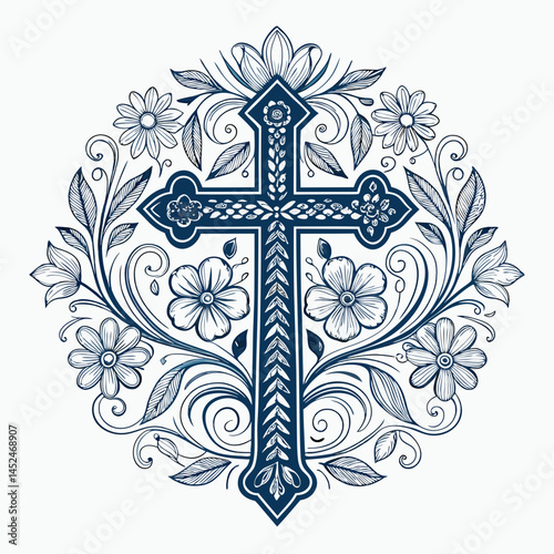 Create a vector illustration of a bold, black cross with ornate floral details at each intersection, emphasizing strong lines and a decorative, possibly Celtic-inspired, style.
