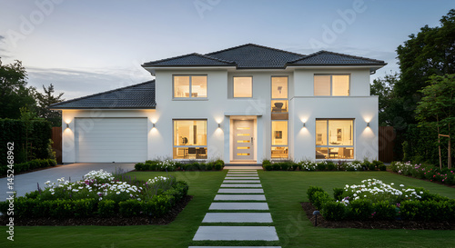 Elegant Two Story Modern Home with Landscaped Lawn and Garden