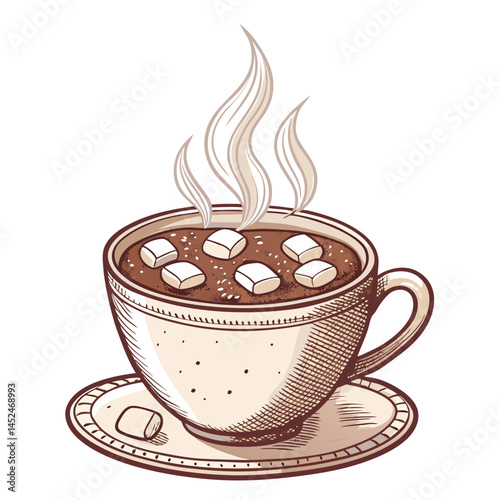 Create a vector illustration of a bold-stroked mug filled with steaming hot cocoa.  Include marshmallows and a whimsical design.