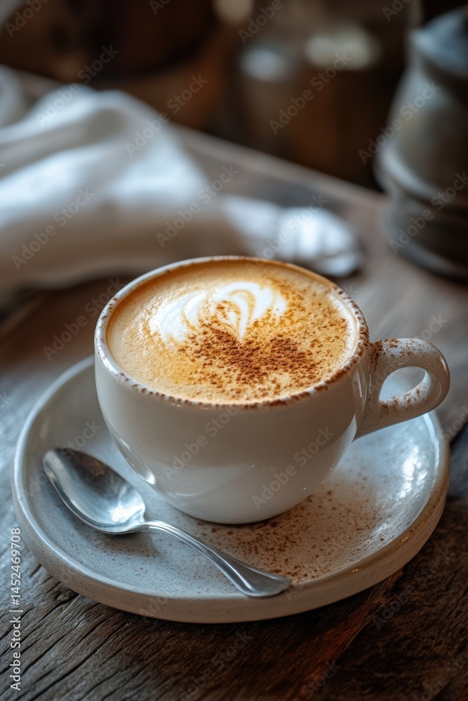 Obraz premium Cappuccino menu. Cup of Cappuccino. Cup of Coffee on wooden table at Cafe.