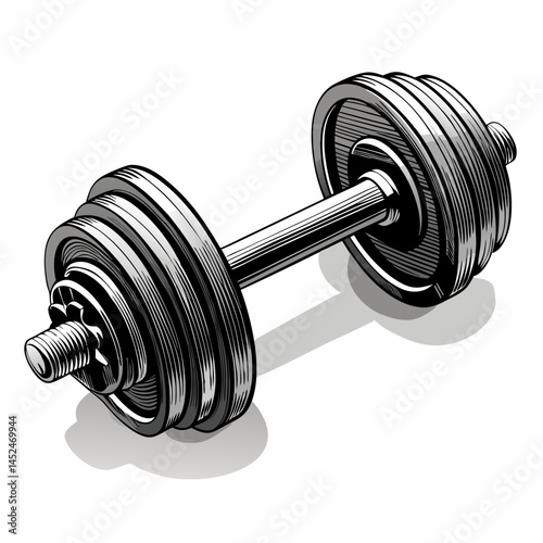 Create a vector illustration of a bold, metallic dumbbell with heavy, defined stroke lines.  Focus on realistic metal texture.