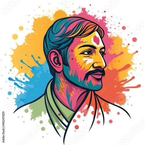 Create a bold, vector illustration of a stylized face with vibrant color splashes, emphasizing strong outlines and a flat design aesthetic.