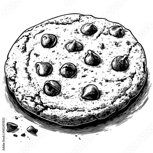Chocolate Chip Cookie in Woodcut Vector, Old Engraving Look, Vintage Style Art, Black Sketch, Trendy Hand Drawn Dessert, Classic Baked Snack, Antique Food Design, rustic treat vector, dessert art