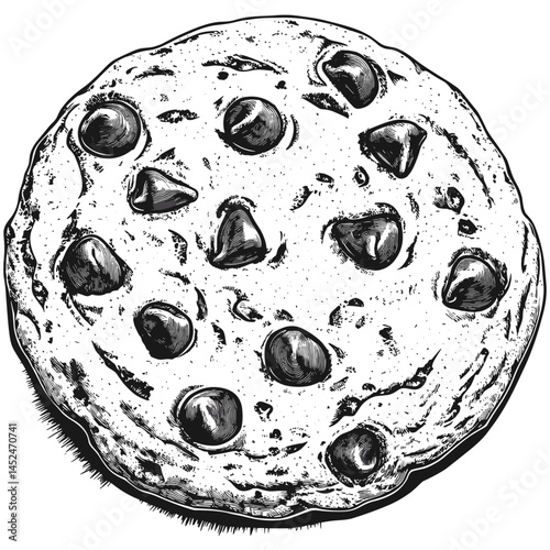 Trendy Cookie Illustration, Chocolate Chips Vector, Black Sketch in Woodcut Style, Old Engraving Design, Vintage Baked Dessert, Classic Treat Drawing, snack clipart, rustic cookie sketch