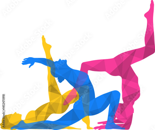 Colorful yoga day pose. Yoga pose with lowpoly pattern vector isolated.