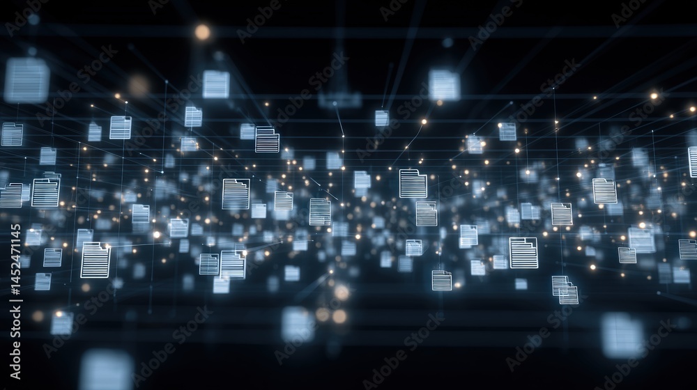 Obraz premium Abstract network grid with files and folders, futuristic software interface, digital document management system, store, search and organize documents, corporate business, paperless office,