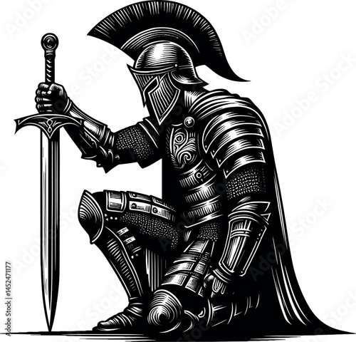 Kneeling Knight Vector Silhouette Design, Medieval Warrior Clipart for T-Shirts and Tattoo Art, Chivalry Symbol Cricut Cut File, Honor and Loyalty Concept Illustration for Historical Decor Prints