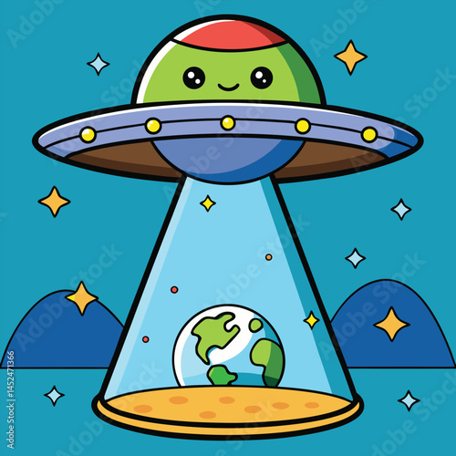 A funny cartoon illustration shows a vector alien spaceship shaped like a fish flying through the starry sky