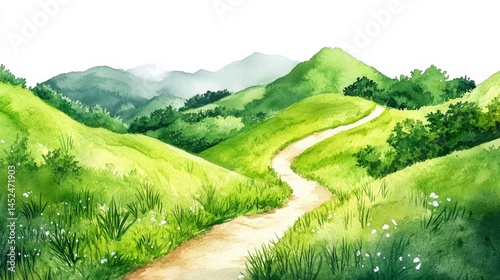 Watercolor Serene Mountain Trail - A winding path through lush green hills, symbolizing journey, peace, nature, exploration, and freedom