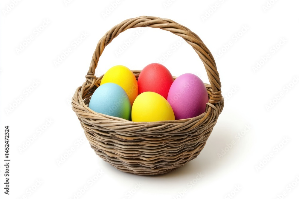 Colorful easter eggs in wicker basket Colorful easter eggs in wicker basket