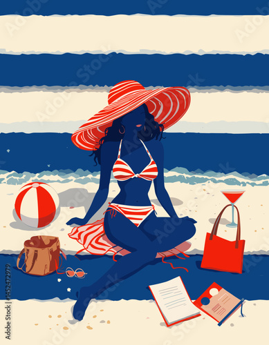 A stylish illustration of a woman in a striped bikini and sun hat, relaxing on the beach with accessories and a vibrant seaside backdrop