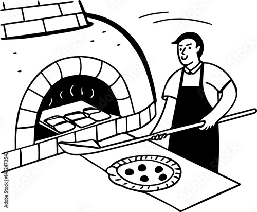 Pizza Maker with Peel and Brick Oven Illustration