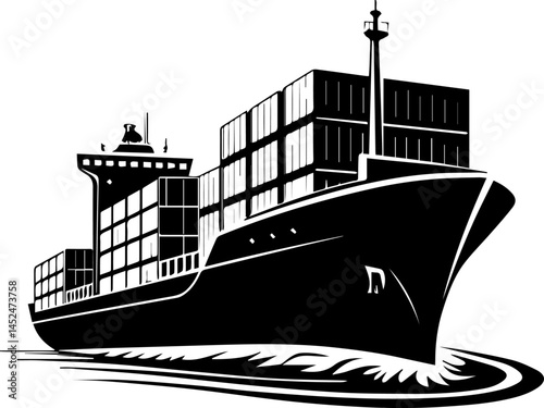 Black and White Cargo Container Ship Illustration – Maritime Shipping Vector Art