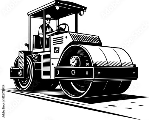Black and White Vector Illustration of Road Roller with Driver – Construction Machinery Concept