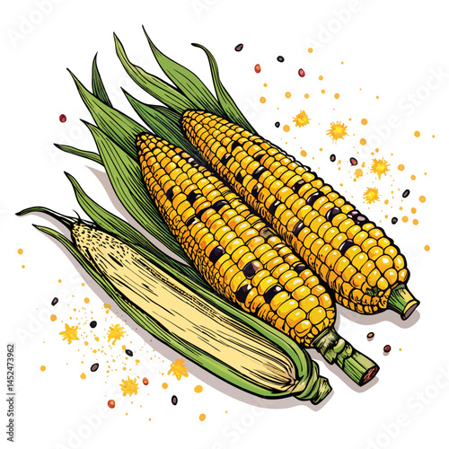Create a bold, vector illustration of grilled corn on the cob, emphasizing texture and char marks.  Include husk details.