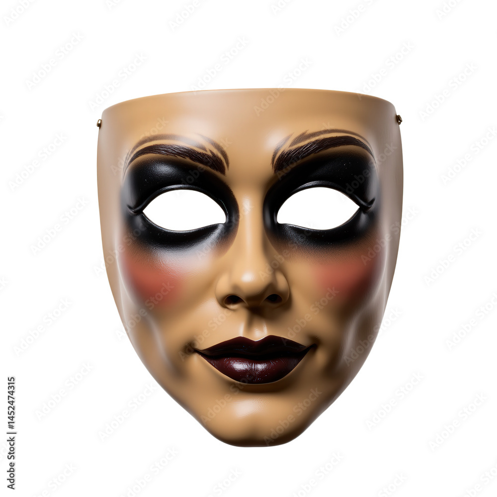 A striking theatrical mask with bold makeup and dramatic features, perfect for costume or performance.