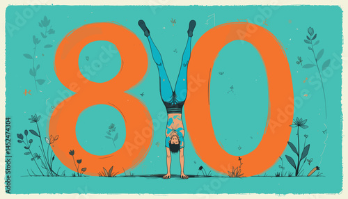 A dynamic illustration of a gymnast performing a handstand in front of the large number eighty, surrounded by flowers and a vibrant turquoise background

