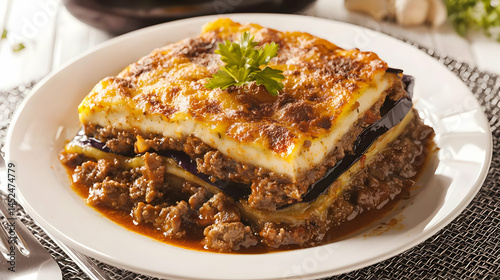 Wallpaper Mural Baked eggplant dish with ground meat and cheese. Layers of sliced eggplant, ground meat, and a creamy white sauce, topped with melted cheese. Fresh herbs garnish the dish Torontodigital.ca