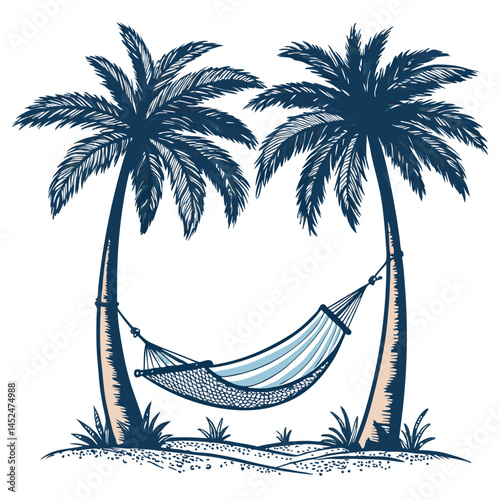 Create a bold vector illustration of a single hammock strung between two sturdy posts, emphasizing thick, strong lines.  Include rope details.