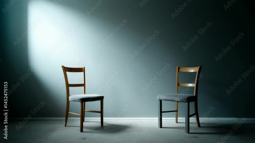 Illuminated wooden chair in dynamic light shifts against minimalist blue wall
