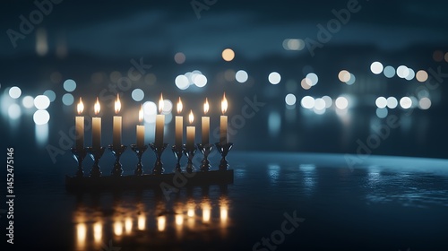 Eight candles illuminate a menorah, set against a blurred cityscape at night. photo