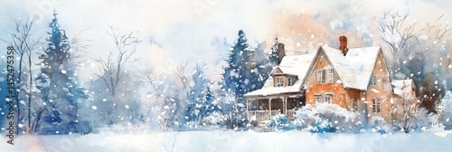 Watercolor Winter Mansion Street Scene - Winter wonderland, snow-covered mansion, serene landscape, cozy home, peaceful atmosphere. Symbolizing tranquility, warmth, winter holidays, home, and nature