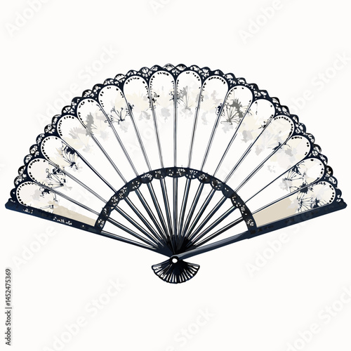 Create a vector illustration of a hand fan with bold black strokes and intricate lace detailing.  Include fine lines for the lace pattern.
