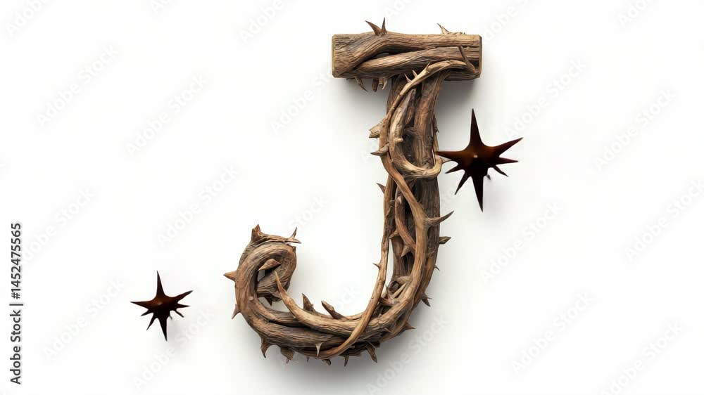 Thorny vine letter j with falling star shapes on white background