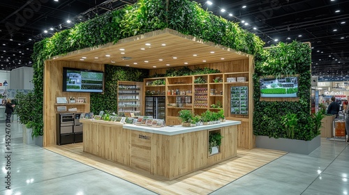 Modern exhibition booth showcasing natural products in a vibrant trade show environment