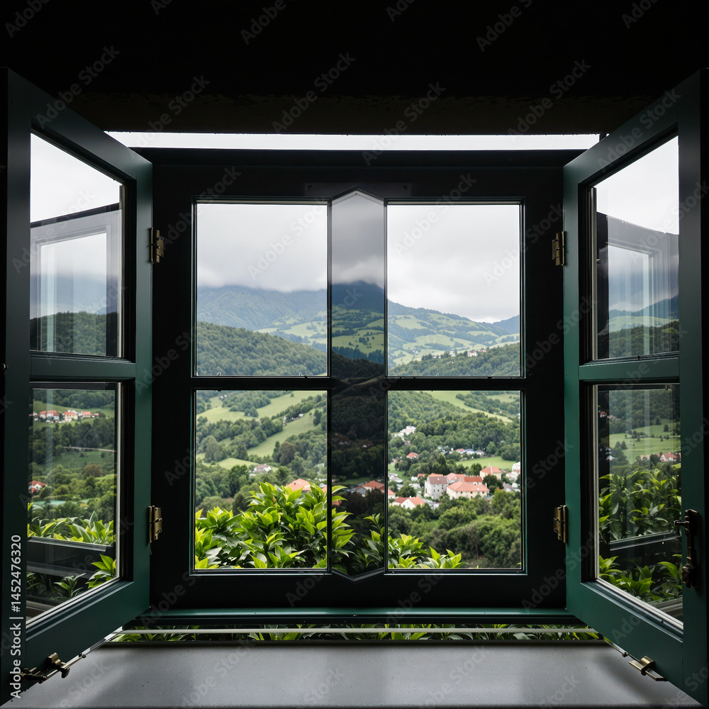 Fototapeta premium open dark green window frame showcases a scenic landscape view