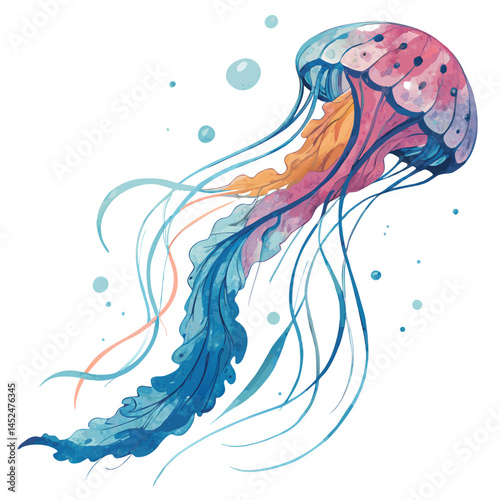 Create a bold, vector illustration of a jellyfish underwater, emphasizing strong black outlines and vibrant color fills.  Include detailed tentacles and a textured bell.