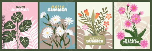 Event concept spring to summer greeting cards set plants, leaves, flowers clipart. Creative and minimalist style celebration poster, banner, covers, ads, branding, labels, print template collection.
