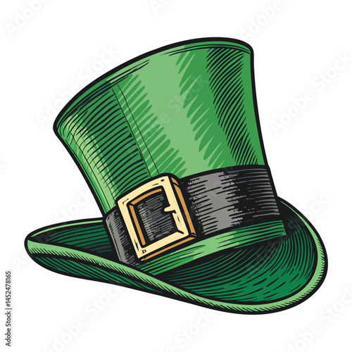 Create a vector illustration of a bold-stroked leprechaun hat, featuring a wide brim and tall crown.  Include detailed texture and shading.