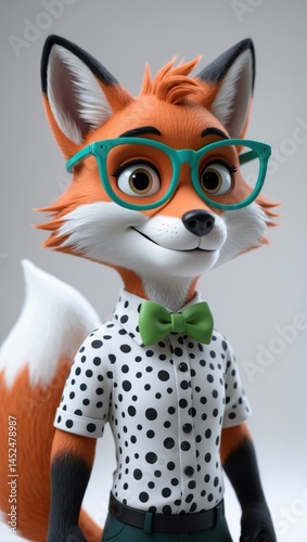 Stylish cartoon fox wearing green glasses, polka dot shirt, and bow tie against a neutral background