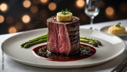 Gourmet beef steak with herb butter, asparagus, and red wine sauce on a white plate in an elegant dining setting